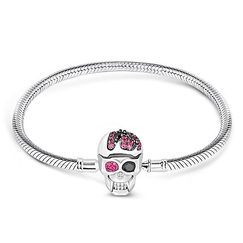 Gnoce "Elegant Skull" with Eye-catching  Black And Fuchsia Crystals Beautifully Handcrafted in Sterling Silver with An Elegant And Flawless Look Gnoce Design Skull Clasp Bracelet_1