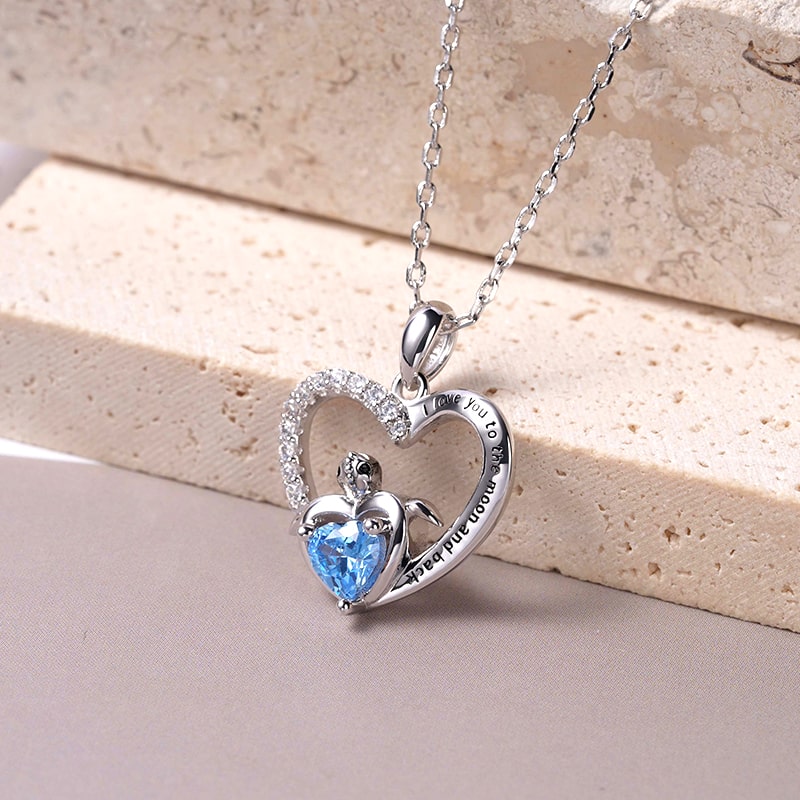 "I Love you to the moon and back" Heart-shaped Turtle Necklace Inlaid with Blue Heart CZ Stone and Crystal Gemstones_3