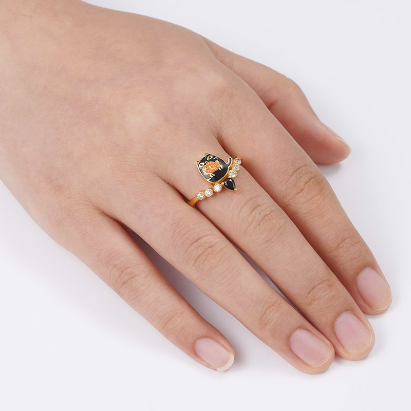 Kitten Eating Fish V-Ring Inlaid with Black Drop Zircon and Crystal Gemstones Sterling Silver 18K Gold Plated_3