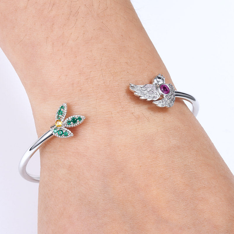 Bird & Leaf Bangle Bracelet Sterling Silver Inlaid with Colorful Gemstones_3