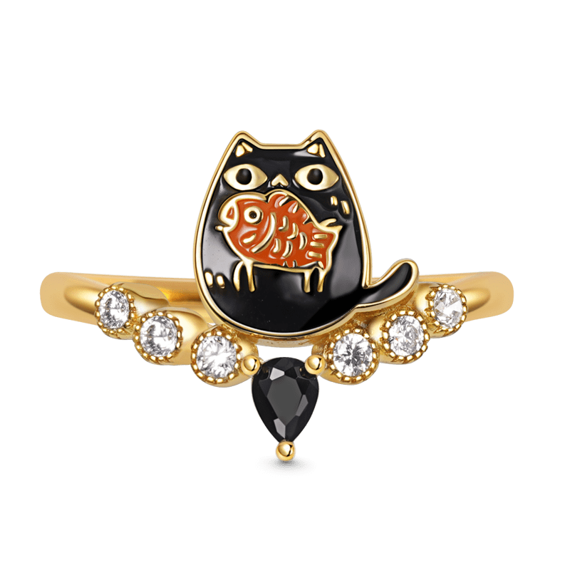Kitten Eating Fish V-Ring Inlaid with Black Drop Zircon and Crystal Gemstones Sterling Silver 18K Gold Plated_1