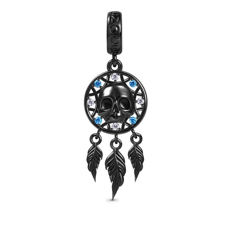 Skull Dreamcatcher Pendant Dangle Charm 925 Sterling Silver Black Plated Inlaid with CZ Stones_1