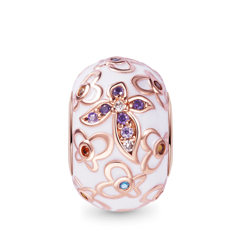 White Flower Pattern Stopper Charm Bead 925 Sterling Silver Rose Gold Plated Inlaid with Colorful Zircon Stones_1