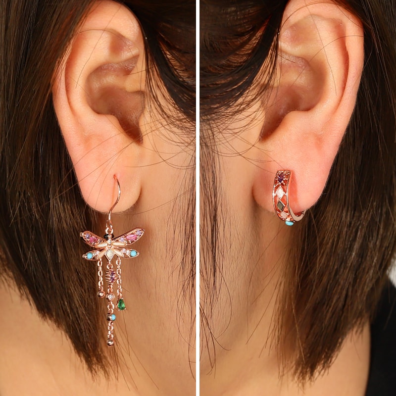Asymmetry Dragonfly Turquoise Dangle Earrings 18k Rose Gold Plated_3
