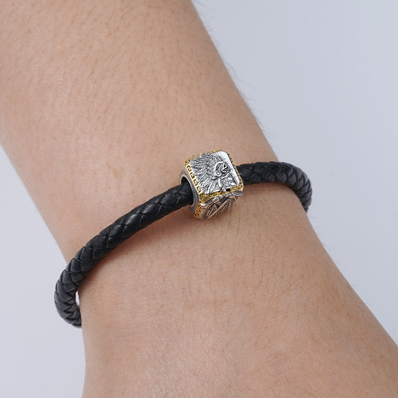 Indian Skull Men's Vintage Bead S925 Sterling Silver 18K Rose Gold Plated with Gift Copper Black Leather Men's Bracelet Jewelry for Men_4