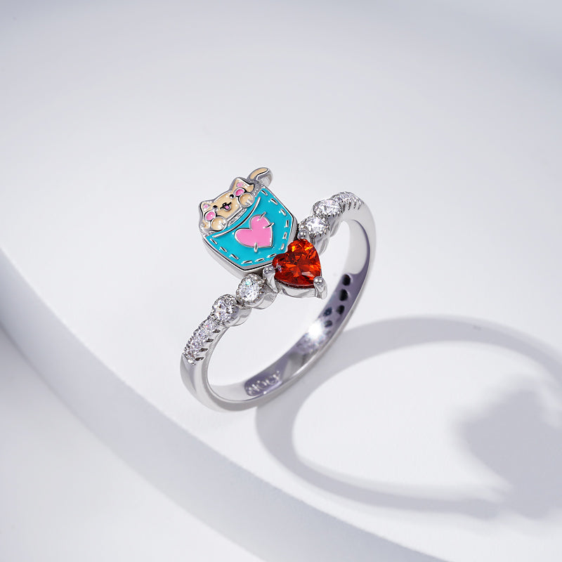 Cute Pocket Cat V Ring Sterling Silver Inlaid with Ruby & CZ Stones_2
