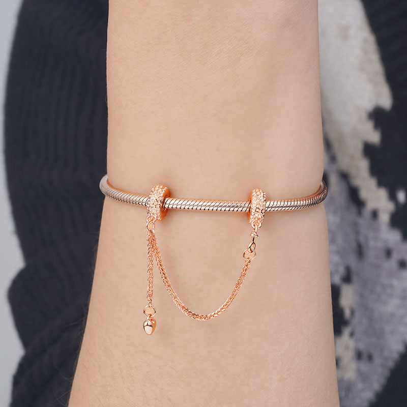 Lunar Surface Texture Safety Chain with Heart Dangle 925 Sterling Silver 18K Rose Gold Plated_3