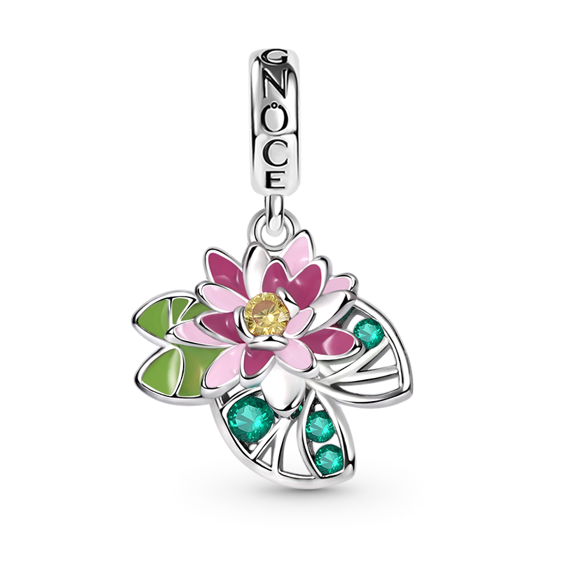 Water Lily Flower Pendant Dangle Charm 925 Sterling Silver Colorful Enamel and Gemstones Inlaid_1