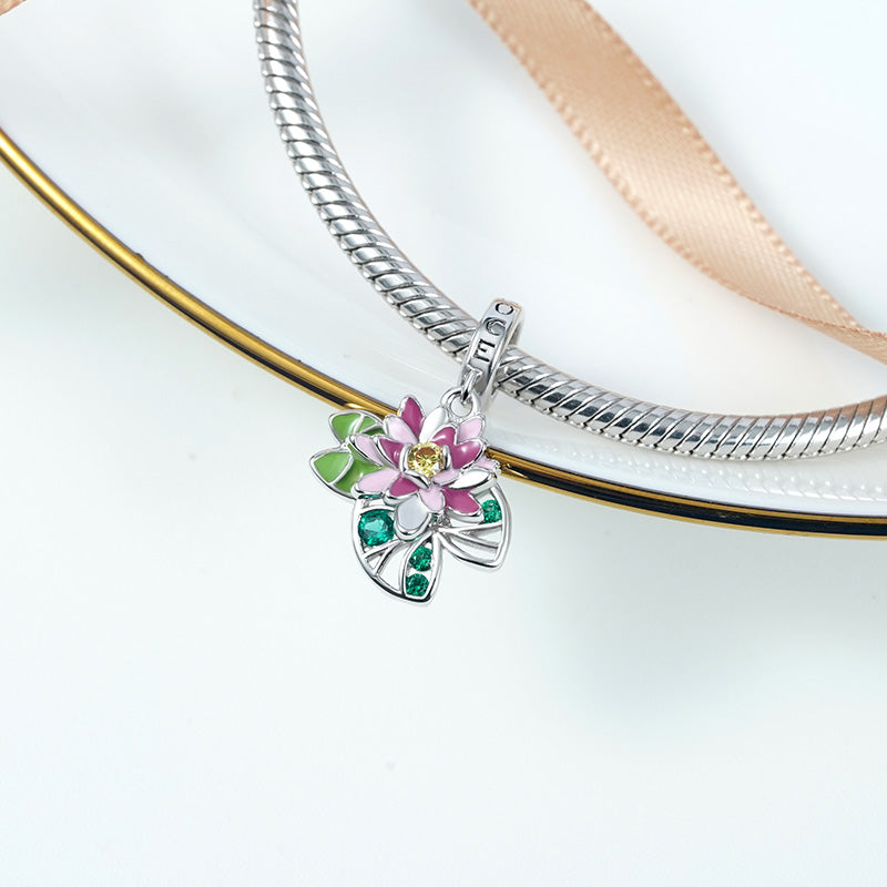 Water Lily Flower Pendant Dangle Charm 925 Sterling Silver Colorful Enamel and Gemstones Inlaid_2