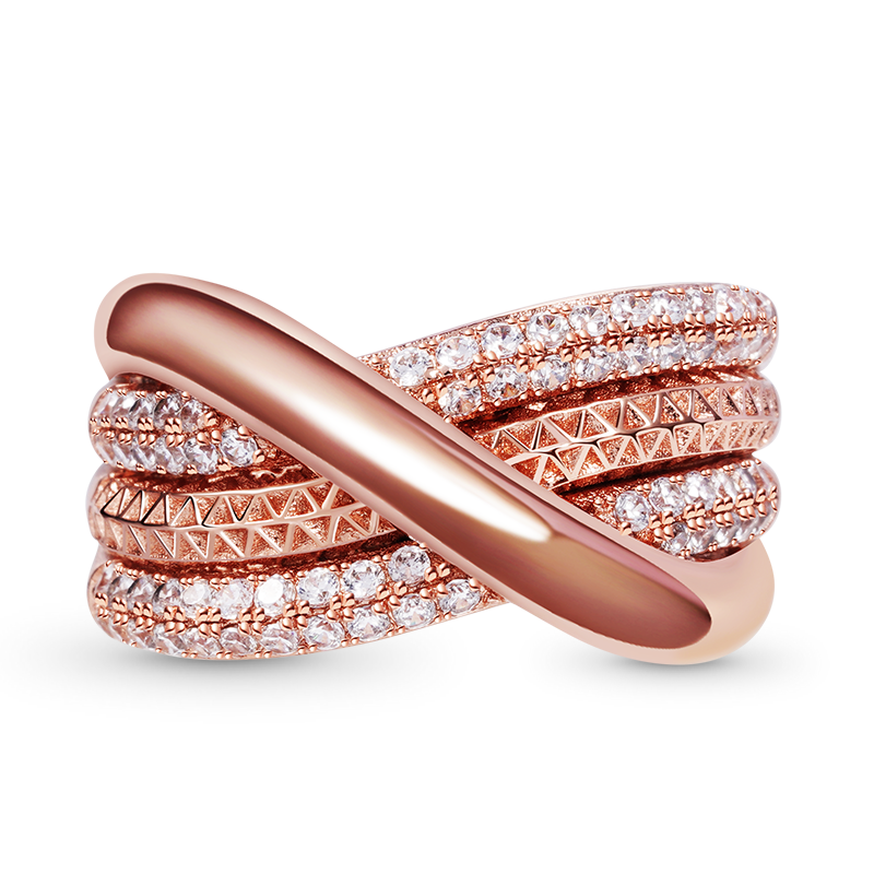 Intertwined Band Ring 925 Sterling Silver 18K Rose Gold Plated Pave CZ Gemstones_1