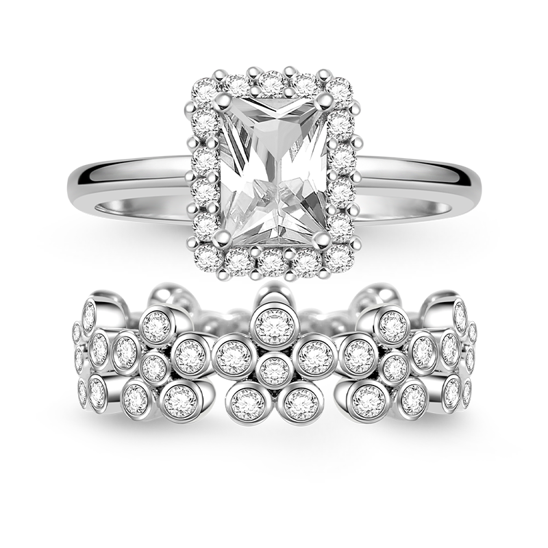 Rectangle Cut & Snowflake Shimmering Ring Set 925 Sterling Silver_1