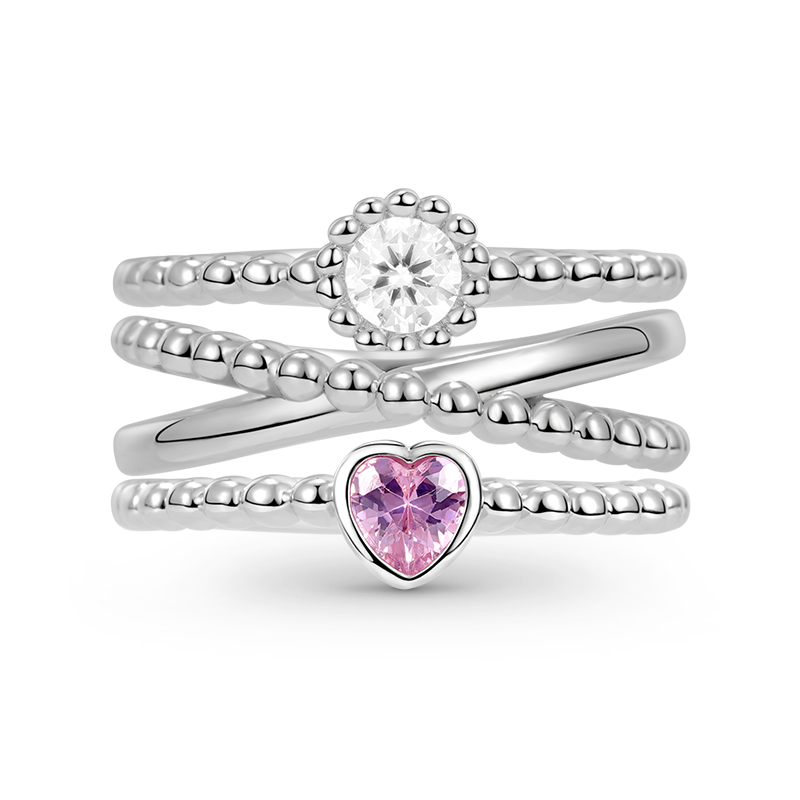 Beaded Stackable Ring Set 925 Sterling Silver Inlaid with Heart-cut Pink & Clear Round-cut CZ Stones_1