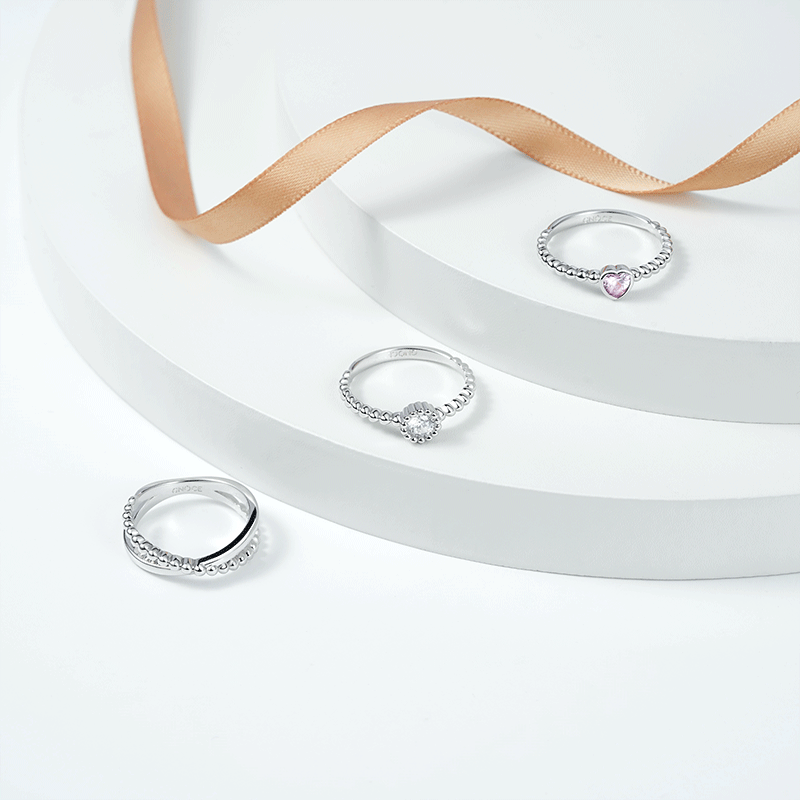 Beaded Stackable Ring Set 925 Sterling Silver Inlaid with Heart-cut Pink & Clear Round-cut CZ Stones_2