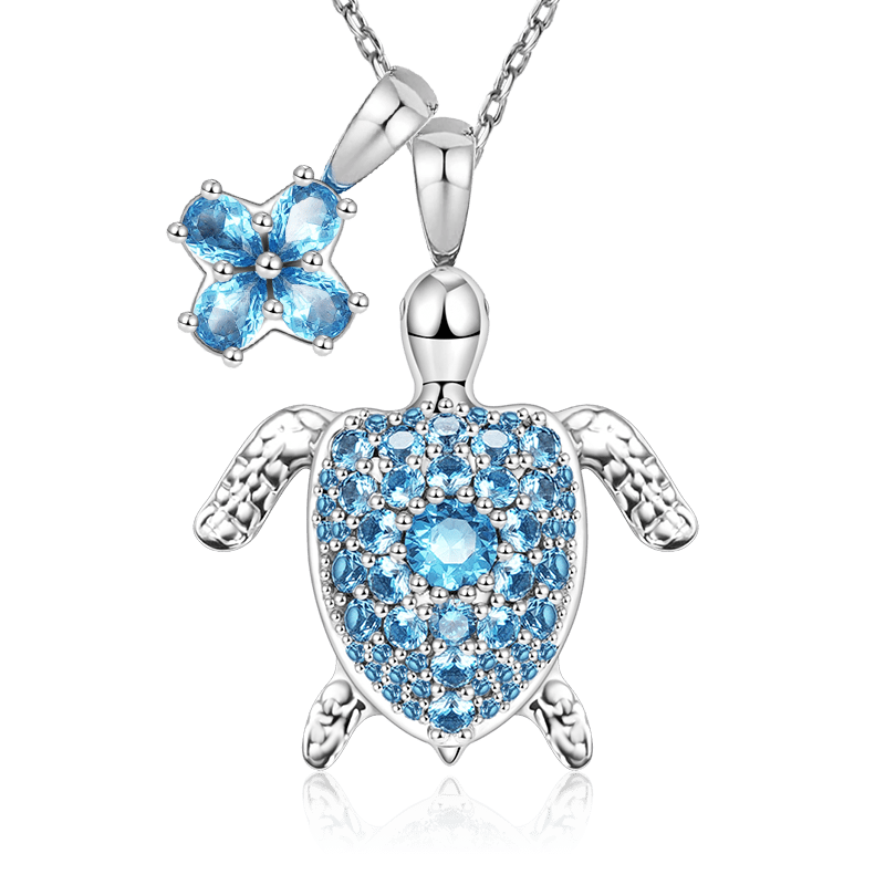 Cherry Blossom & Sea Turtle Necklace Copper Inlaid with Blue Gemstones_1