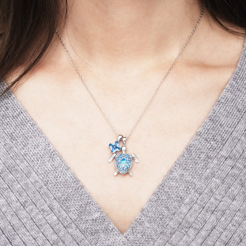 Cherry Blossom & Sea Turtle Necklace Copper Inlaid with Blue Gemstones_4