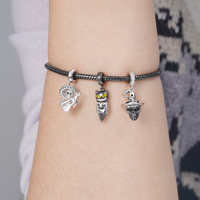 Black Cat & Pumpkin Monster Cone Pendant Dangle Charm 925 Sterling Silver Black Plated_3