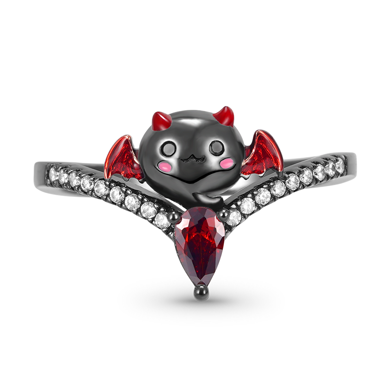 Bat of Love Heart Ruby V-Ring 925 Sterling Silver Black Plated with Clear Gemstones and Pink Enamels_1