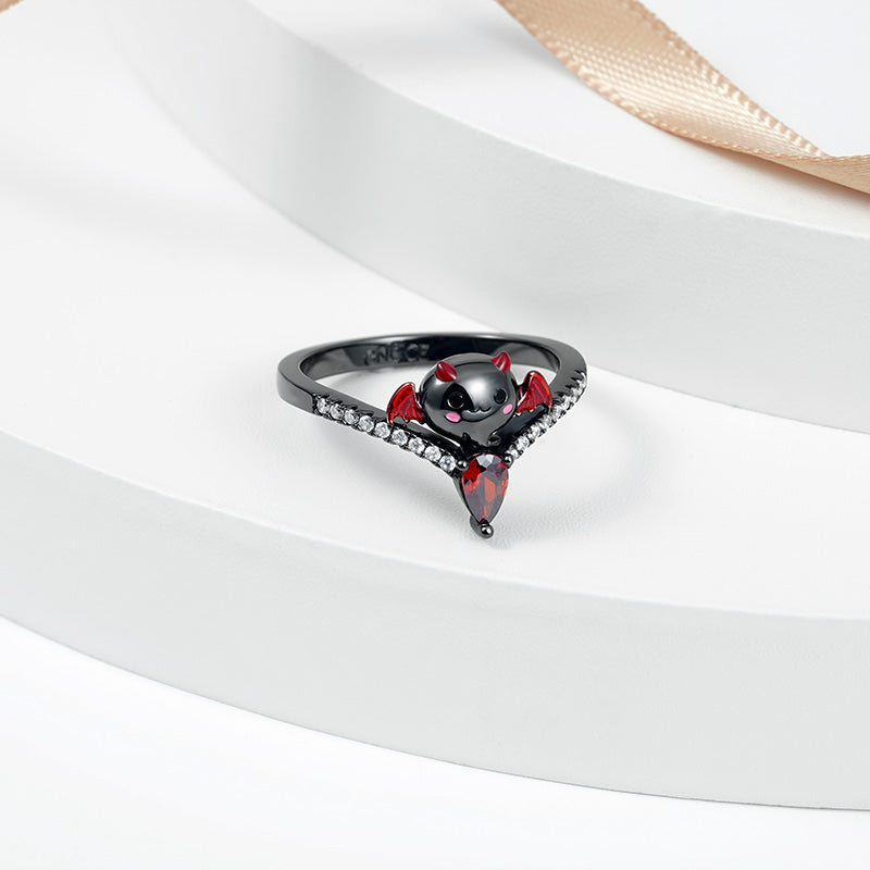 Bat of Love Heart Ruby V-Ring 925 Sterling Silver Black Plated with Clear Gemstones and Pink Enamels_2