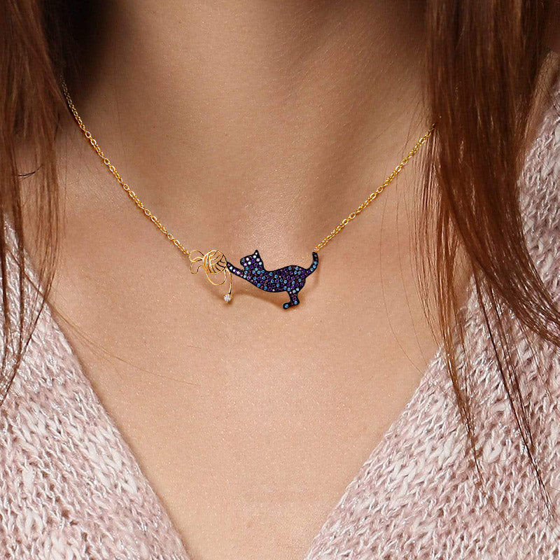 Cat Playing with Yarn Ball Necklace 925 Sterling Silver 18 Gold Plated Inlaid with Colorful CZ Stones_4