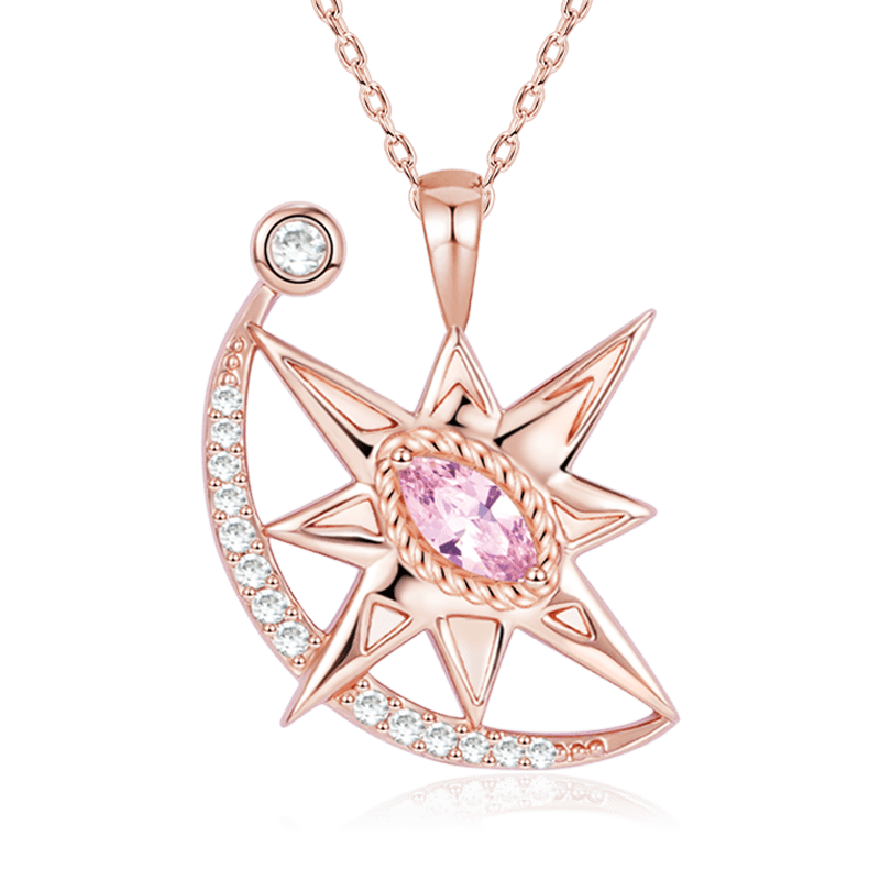 Star with Moon Necklace Copper 18K Rose Gold Plated Inlaid with Pink & Clear Gemstones_1
