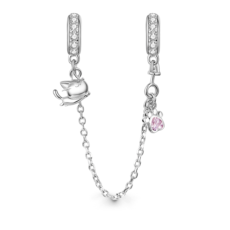 Cat & Paw Safety Chain 925 Sterling Silver Inlaid with Clear and Pink Gemstones_1