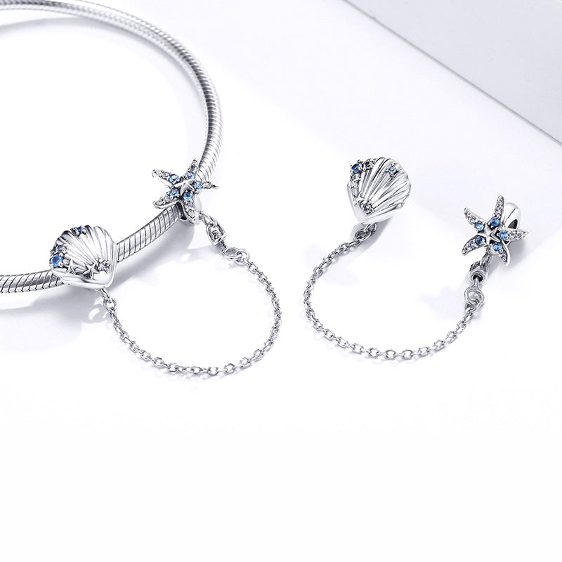 Sparkling Starfish & Shell Safety Chain 925 Sterling Silver Inlaid with Clear and Blue CZ Stones_2
