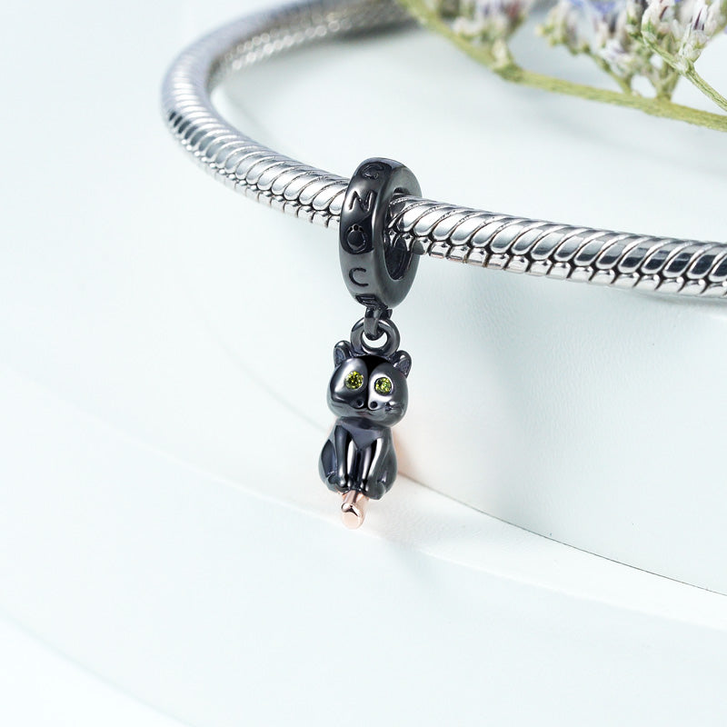 Black Cat Riding Broom Pendant Dangle Charm 925 Sterling Silver Two-tone Plating_2