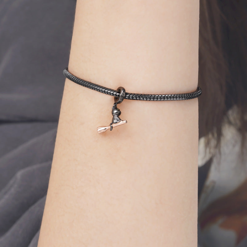 Black Cat Riding Broom Pendant Dangle Charm 925 Sterling Silver Two-tone Plating_3