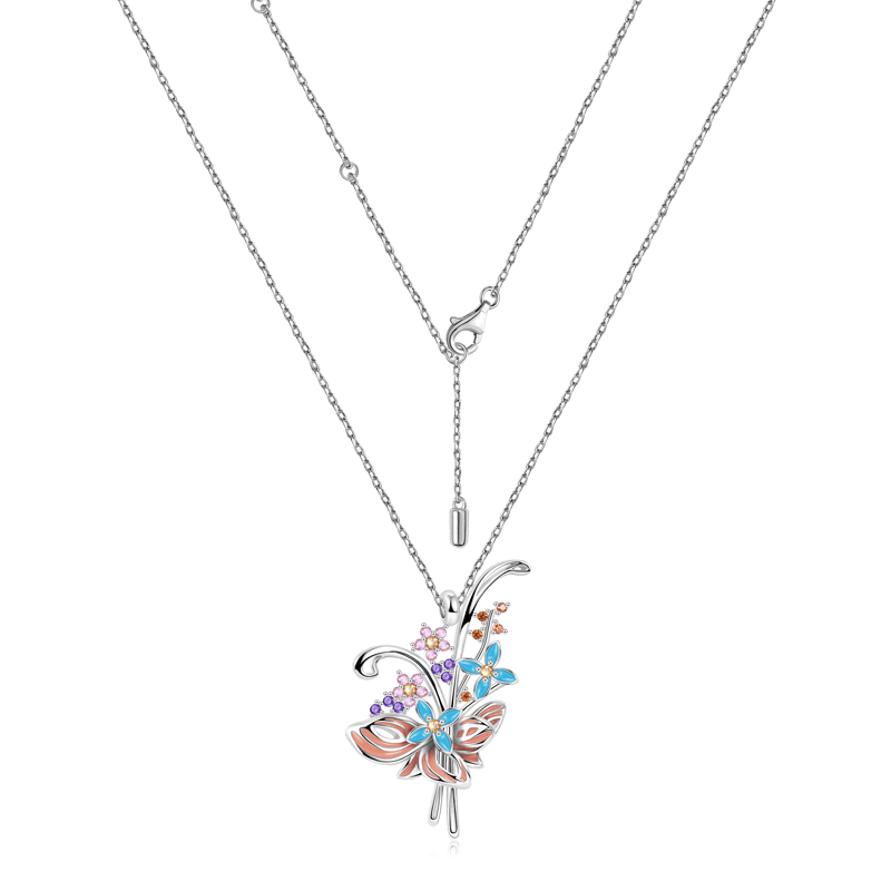 Blooming Flower Bouquet Necklace Cooper with Colorful Enamels & CZ Stones_2