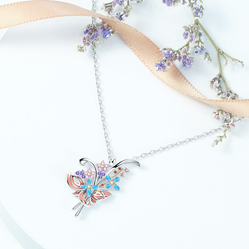Blooming Flower Bouquet Necklace Cooper with Colorful Enamels & CZ Stones_3