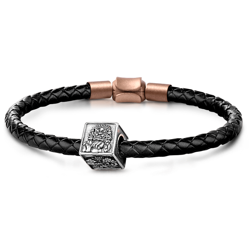 Dancing Lion Men's Vintage Bead S925 Sterling Silver with Gift Copper Black Leather Men's Bracelet Jewelry for Men_1