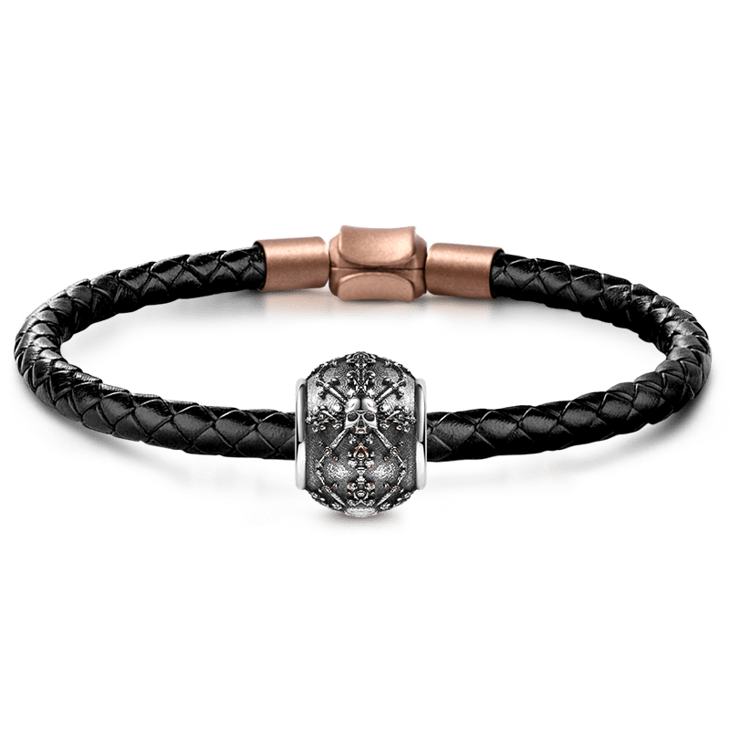 Skull with Swords Men's Vintage Bead S925 Sterling Silver with Gift Copper Black Leather Men's Bracelet Jewelry for Men_1