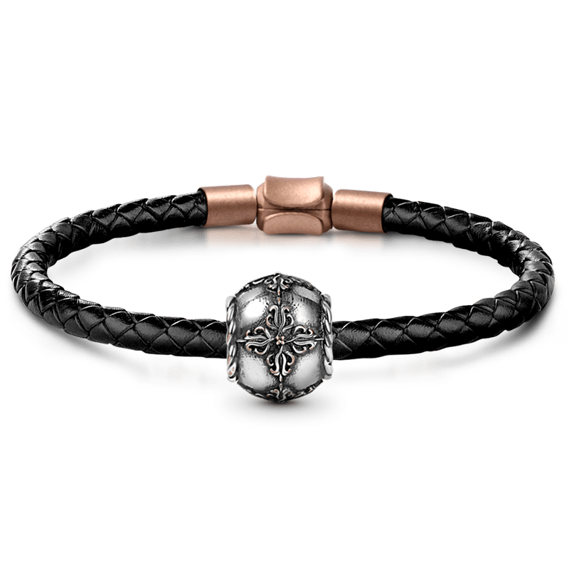 Vintage Pattern Men's Bead S925 Sterling Silver with Gift Copper Black Leather Men's Bracelet Jewelry for Men_1