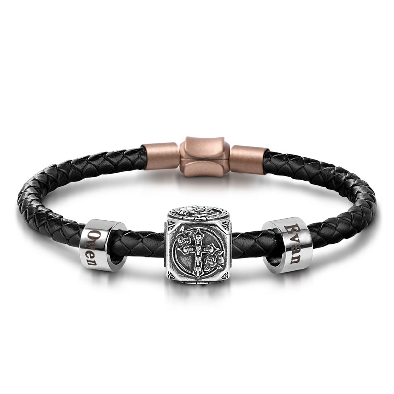 Rose Skull Cross Vintage Bead & Customized Classic Beads S925 Sterling Silver with Gift Copper Black Leather Men's Bracelet Jewelry for Men_1