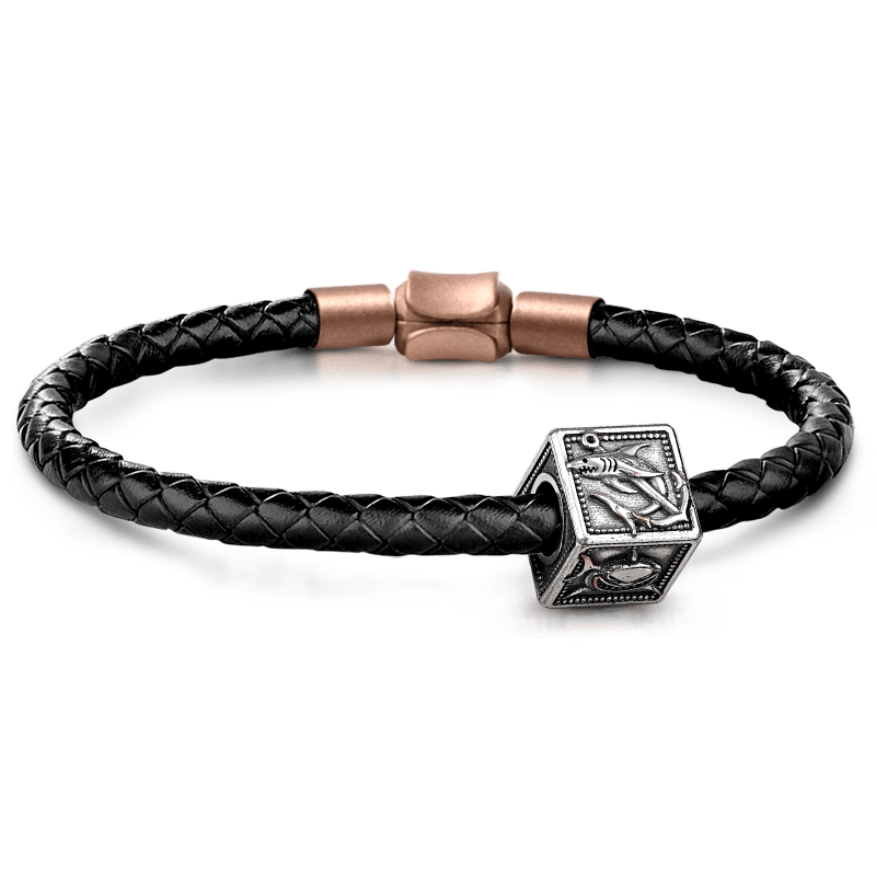 Fierce Sharks Men's Vintage Bead S925 Sterling Silver with Gift Copper Black Leather Men's Bracelet Jewelry for Men_1
