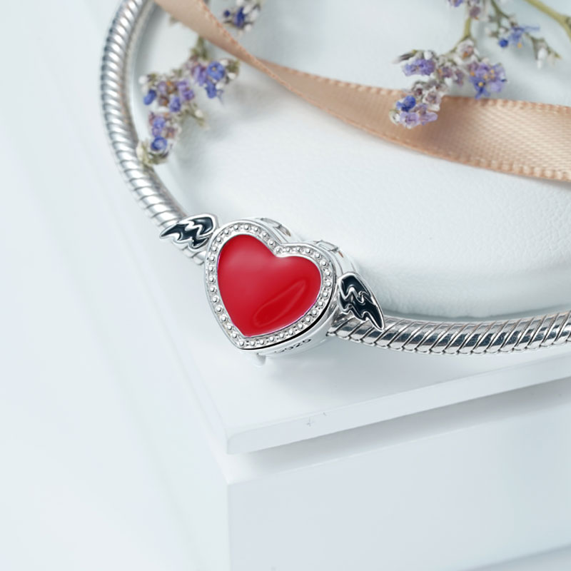 Gnoce "You are my Angel" 925 Sterling Silver Red Enamel Heart with Wings Personalized Jewelry Photo Locket Charm For Bracelet For Necklace_2