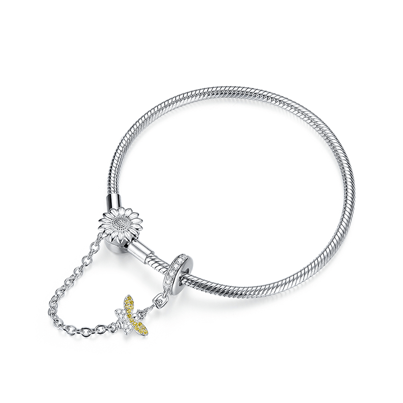Bracelet with Safety Chain 925 Sterling Silver Sunflower & Bee Elements_1