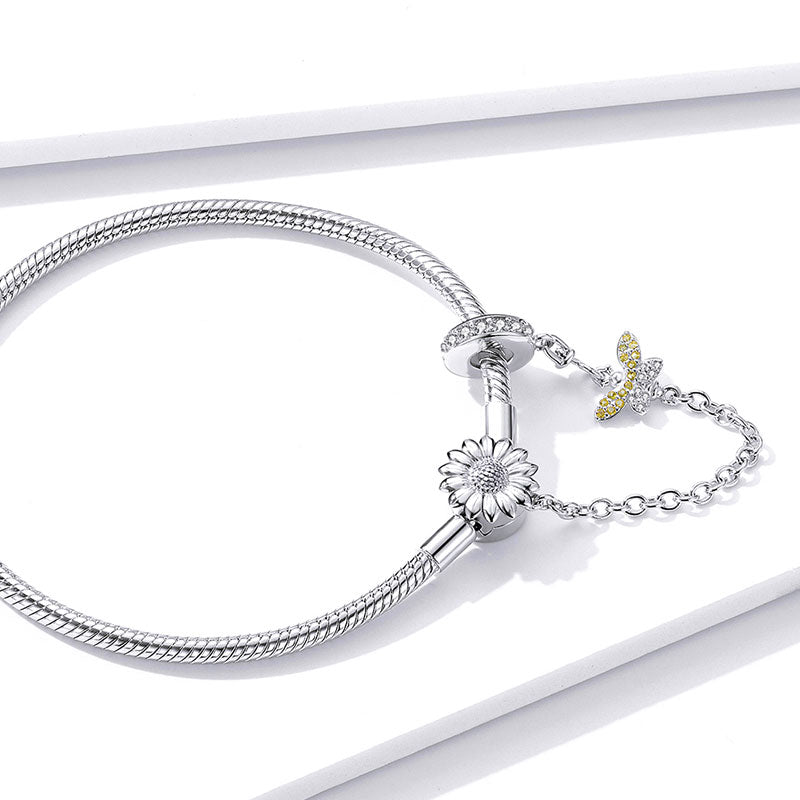 Bracelet with Safety Chain 925 Sterling Silver Sunflower & Bee Elements_2