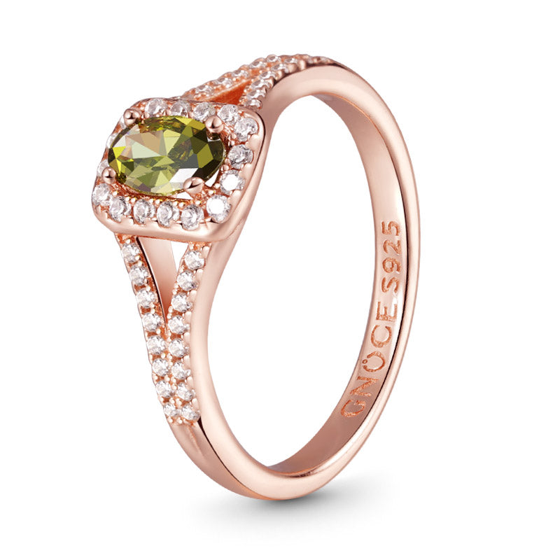 Olive Green Oval-Cut Ring 925 Sterling Silver 18k Rose Gold Plated_4