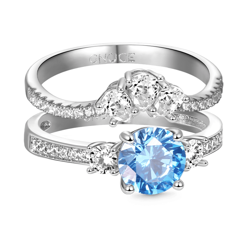 Gnoce Classic Blue Round-cut Sparkle Wishbone Ring Set_3
