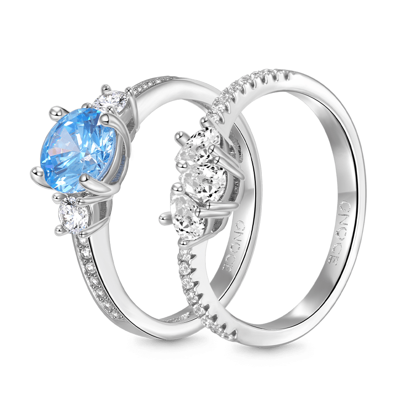 Gnoce Classic Blue Round-cut Sparkle Wishbone Ring Set_4