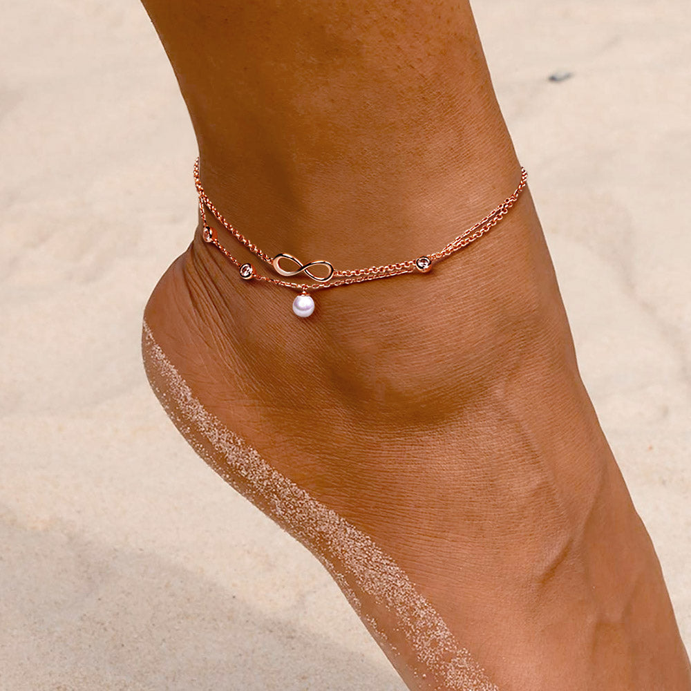 Gnoce "Love Anklet Lock "  18K Rose Gold Plated Pearl Infinity Anklet Inlaid with CZ Stones_3
