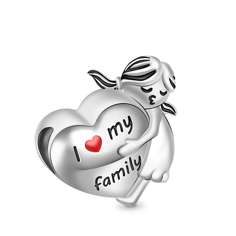Gnoce "I Love My Family" 925 Sterling Silver Little Girl Hug A Heart Shape with Family Charm For Bracelet_1