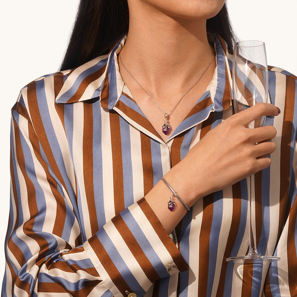 Gnoce Natural Crystal Hexagonal Column Amethyst Pendant Dangle Charm_4