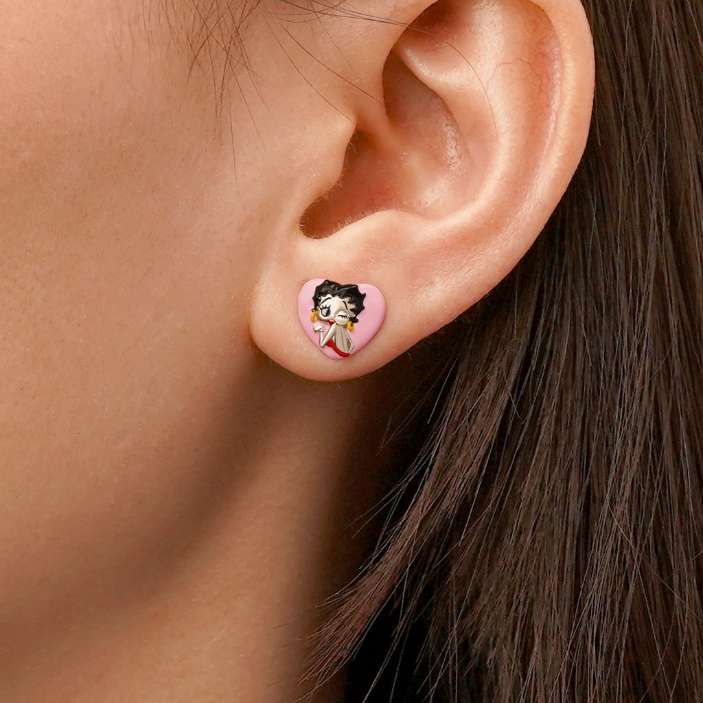 Gnoce Pink Heart Classy Betty Boop Stud Earrings_5