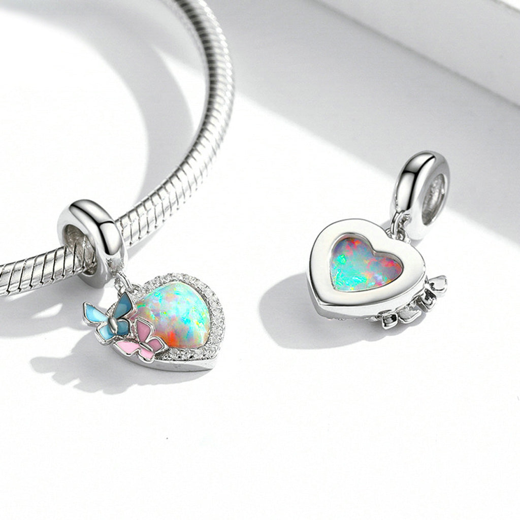 Gnoce Flying Butterflies with Natural Opal Heart Pendant Dangle Charm_2