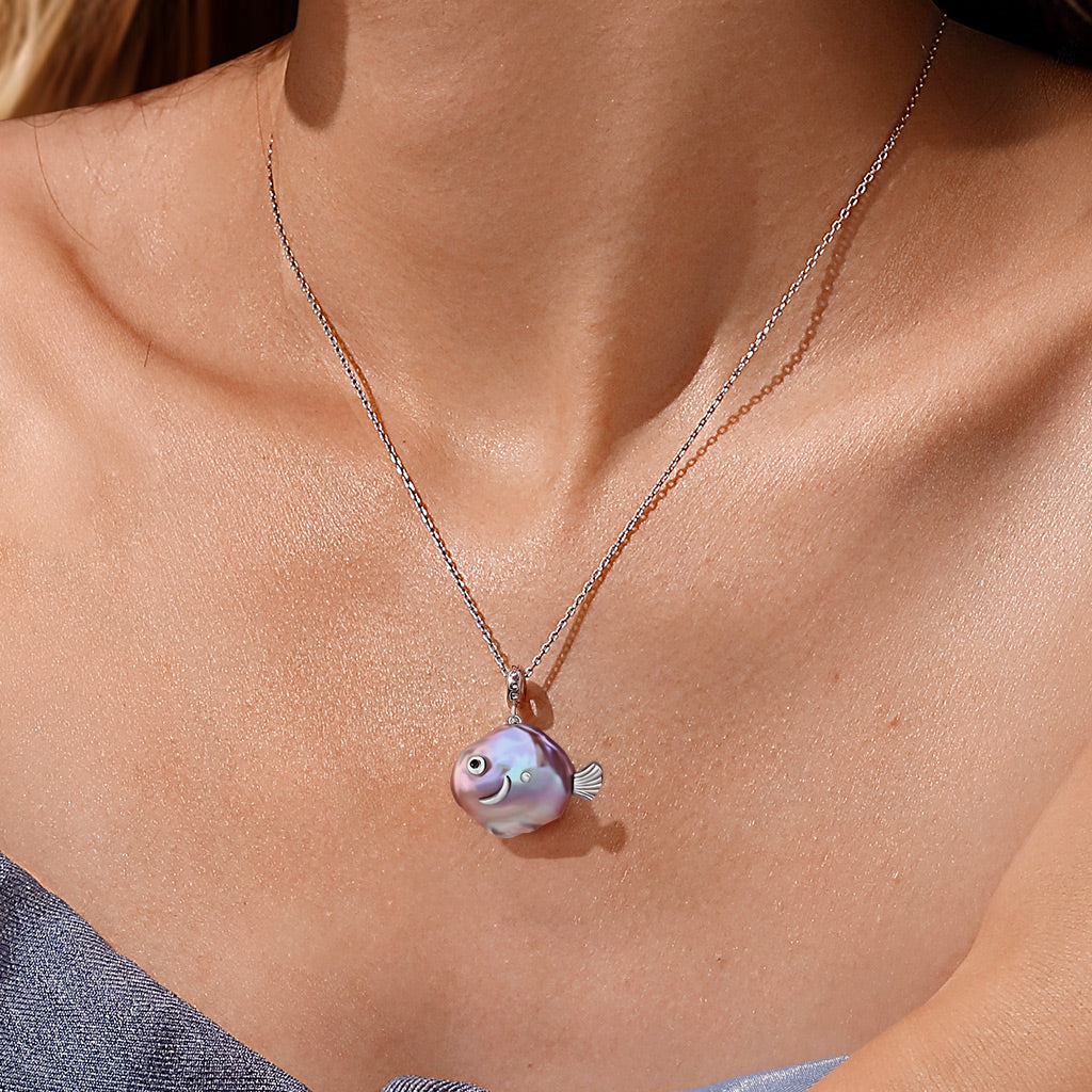 Gnoce Purple Fish Baroque Pearl Silver Pendant Dangle Charm_3