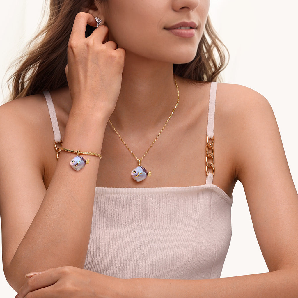 Gnoce Purple Fish Baroque Pearl Gold Plated Pendant Dangle Charm_2