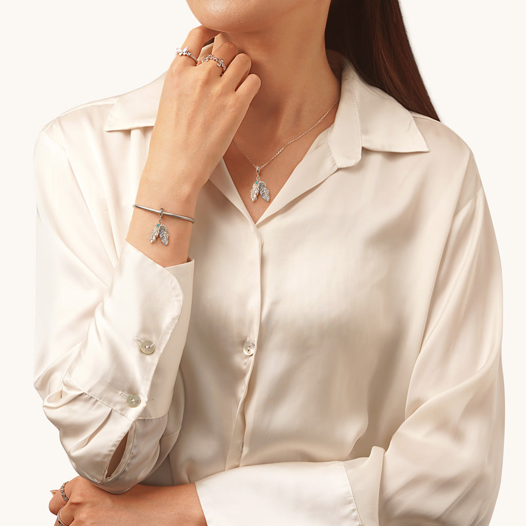 Gnoce Silver Feather Turquoise Pendant Dangle Charm_4