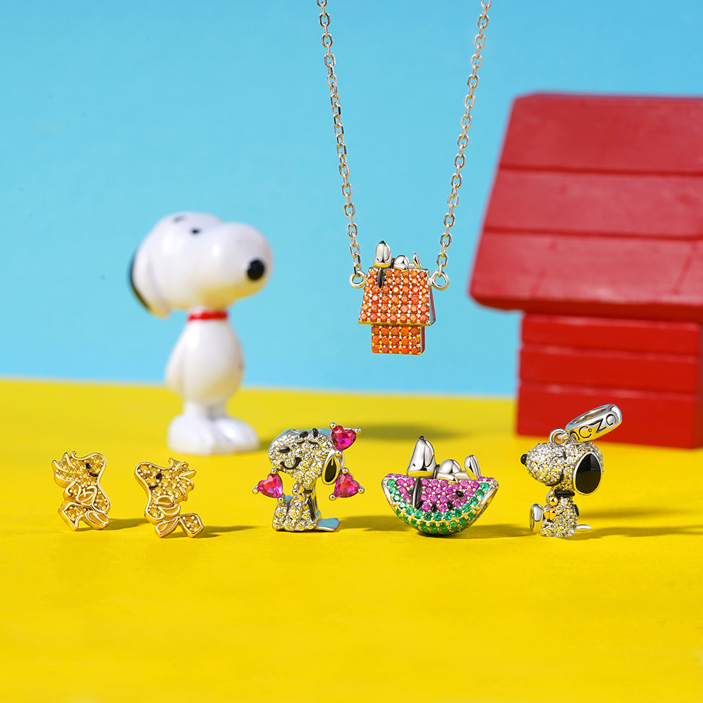Gnoce Peanuts Snoopy Hugging Woodstock Diamond Pendant Dangle Charm_4
